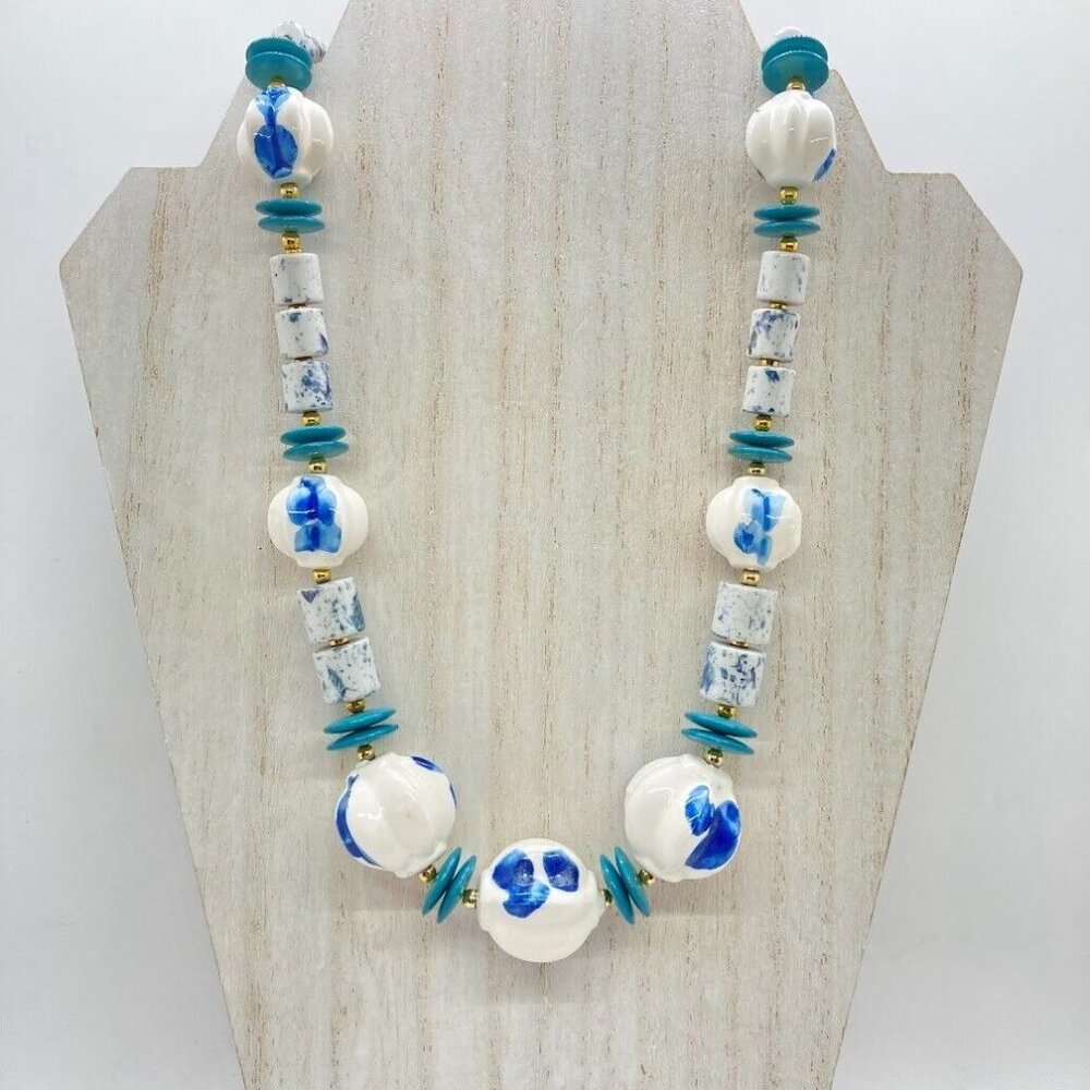 Vintage Ceramic Bead 30" Necklace‎ Blue White Gold Tone Spacer Beads Chunky